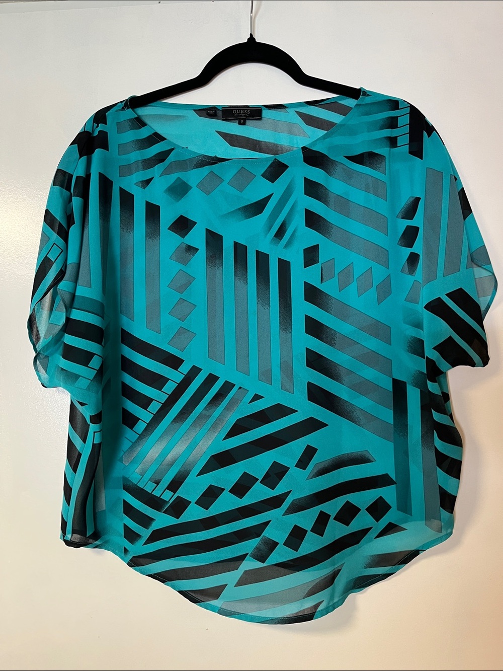 GUESS Teal and Black Geometric Sheer Blouse